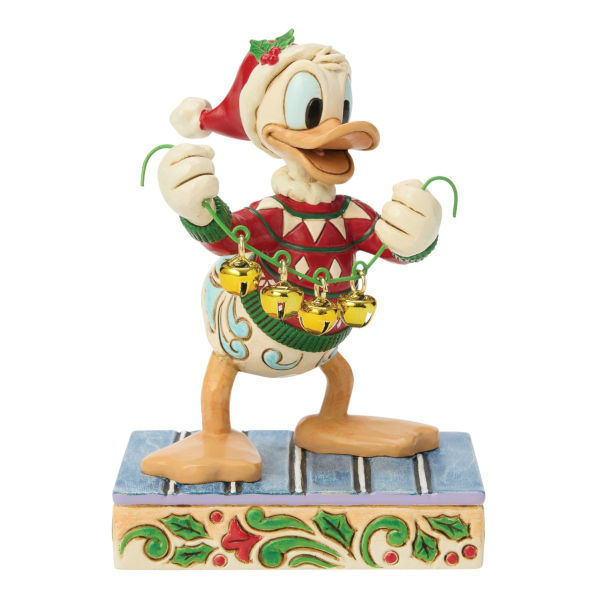 Jim Shore Disney Traditions Figur Donald Duck mit Weihnachtsmütze und goldener Glockengirlande handbemalt in Holzoptik